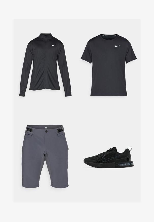 Musta urheilutakki pitkillä hihoilla, kauluksella ja kokonaisella vetoketjulla. Täydentää hienovarainen Nike-logo valkoisena vasemmassa ylärinnassa. Litteä pinta.; Musta Nike juoksupaita, joka on valmistettu kevyestä ja hengittävästä materiaalista. Paidassa on lyhyet hihnat ja pieni valkoinen logo rinnassa.; Harmaat shorts, jotka on valmistettu joustavasta kankaasta, joissa on napitus, säädettävä vyötärö ja useita sivutaskuja. Sileä pinta, polvenpituinen leikkaus.; Musta Nike urheilukenkä, jossa on verkkomateriaali yläosa, kumipohja, pehmustettu nilkkaosa ja erottuva läpinäkyvä kantaaksentti.