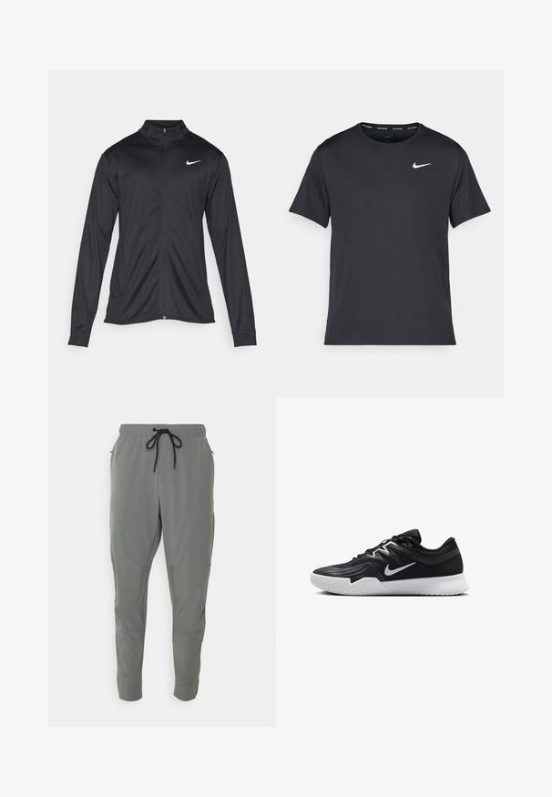 Melna sporta jaka ar garām piedurknēm, apkakli un pilnu rāvējslēdzēju. Uz kreisā krūts augšdaļas ir maigs Nike logo baltā krāsā. Gluda tekstūra.; Melna Nike skriešanas T-kreklā, kas izgatavots no viegla un elpojoša materiāla, ar īsām piedurknēm un mazu baltu logo uz krūtīm.; Pelēkie sporta bikses, kas izgatavotas no viegla materiāla. Tām ir elastīga josta ar auklu, šaurinātas kājas un diskrēti sānu kabatas.; Melni sporta apavi ar teksturētu virsu, balto Nike zulumu un balto gumijas zoli. Iezīmējas ar auklu pievilkšanas dizainu un dinamisku formu.