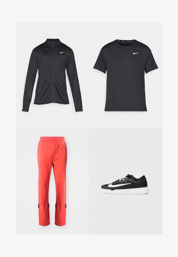 Fekete sportdzseki hosszú ujjal, gallérral és teljes cipzárral. Diszkrét fehér Nike logóval az upper bal mellen. Sima textúra.; Fekete Nike futó póló, könnyű, légáteresztő anyagból készült, rövid ujjú, és a mellkasán egy kicsi fehér logó található.; Korall színű sportnadrág széles derékkal, fekete csíkos részletekkel az alján és egy kis logóval a bal oldalon. Sima textúra.; Fekete sportcipő textúrált felsőrészel, fehér Swoosh logóval, fűzős kialakítással és mintázott talppal rendelkező gumi talppal.
