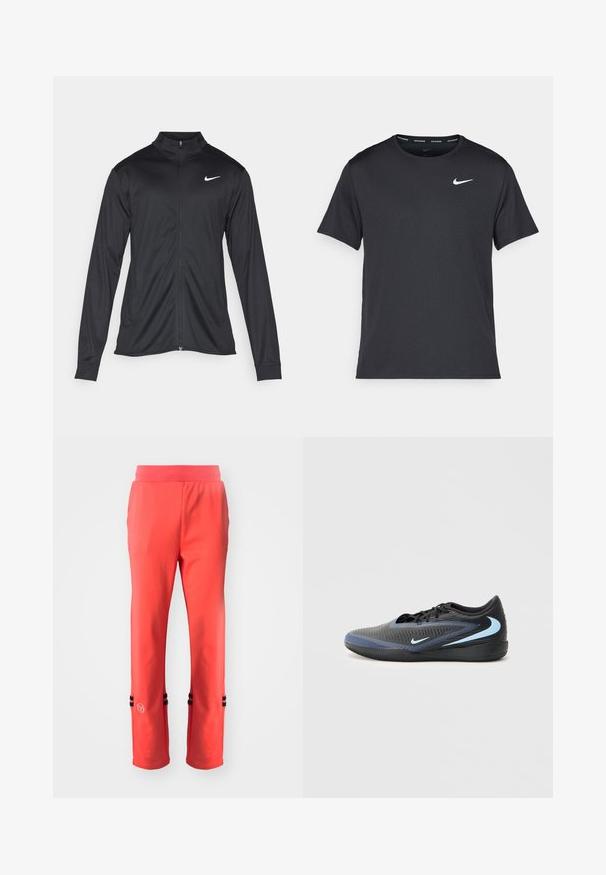 Melna sporta jaka ar garām piedurknēm, apkakli un pilnu rāvējslēdzēju. Uz kreisā krūts augšdaļas ir maigs Nike logo baltā krāsā. Gluda tekstūra.; Melna Nike skriešanas T-kreklā, kas izgatavots no viegla un elpojoša materiāla, ar īsām piedurknēm un mazu baltu logo uz krūtīm.; Koraļļu sporta bikses ar plašu jostu, kurām ir melnas svītras ap apakšmalu un neliels emblēma kreisajā pusē. Rūpīgi izlīdzināta tekstūra.; Melna un zila zema profila sporta apavu pāris ar teksturētu virsmu, melnām šņorēm un gaiši zilām Nike žilbinošām logrām sānos un zolē.