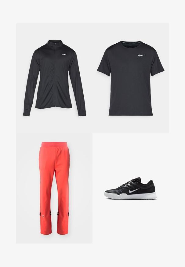 Čierna športová bunda s dlhými rukávmi, golierom a plným zipsom. Obsahuje nenápadné logo Nike v bielej farbe na hornej ľavej hrudi. Hladká textúra.; Čierne bežecké tričko Nike vyrobené z ľahkého a priedušného materiálu, s krátkymi rukávmi a malým bielym logom na hrudi.; Korálové športové nohavice so širokým pásom, s čiernymi pruhmi na spodnom okraji a malým logom na ľavej strane. Hladká textúra.; Čierna športová topánka s textúrovaným zvrškom, bielym logom Nike a bielou gumovou podrážkou. Má šnurovací dizajn a dynamický tvar.
