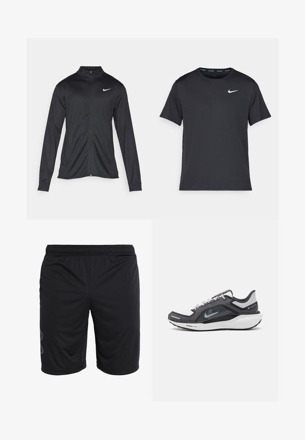 Jachetă sportivă neagră cu mâneci lungi, guler și fermoar complet. Prezintă un logo Nike subtil, alb, pe pieptul din stânga sus. Textură netedă.; Tricou de alergare Nike negru, fabricat dintr-un material ușor și respirabil, cu mâneci scurte și un mic logo alb pe piept.; Șorturi atletice negre, confecționate dintr-un material ușor, prezentând un corset elastic și un design subtil al panourilor laterale. Textură netedă, fără buzunare.; Încălțăminte sport neagră și gri, cu partea superioară din plasă, accente reflectorizante și o talpă intermediară albă. Dispune de o talpă din cauciuc texturat și șireturi.