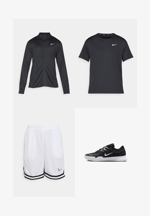 Čierna športová bunda s dlhými rukávmi, golierom a plným zipsom. Obsahuje nenápadné logo Nike v bielej farbe na hornej ľavej hrudi. Hladká textúra.; Čierne bežecké tričko Nike vyrobené z ľahkého a priedušného materiálu, s krátkymi rukávmi a malým bielym logom na hrudi.; Biele športové šortky vyrobené z ľahkého materiálu, s čiernym pruhovaným lemom a s podpisovým logom na prednej dolnej ľavej strane.; Čierna športová topánka s textúrovaným zvrškom, bielym logom Nike a bielou gumovou podrážkou. Má šnurovací dizajn a dynamický tvar.