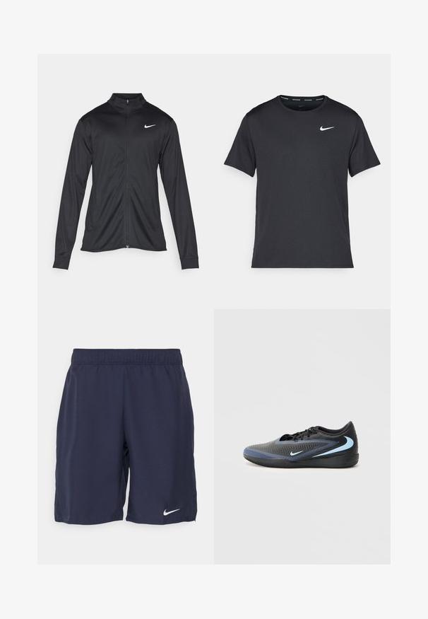 Black athletic jacket with long sleeves, collar, and full zipper. Features a subtle Nike logo in white on the upper left chest. Smooth texture.; Black Nike running T-shirt made of lightweight, breathable material, featuring short sleeves and a small white logo on the chest.; Navy athletic shorts made of smooth fabric, featuring an elastic waistband and a white Nike logo on the lower left leg.; Black and blue low-cut athletic shoe with textured surface, black laces, and light blue Nike swoosh logos on side and sole.
