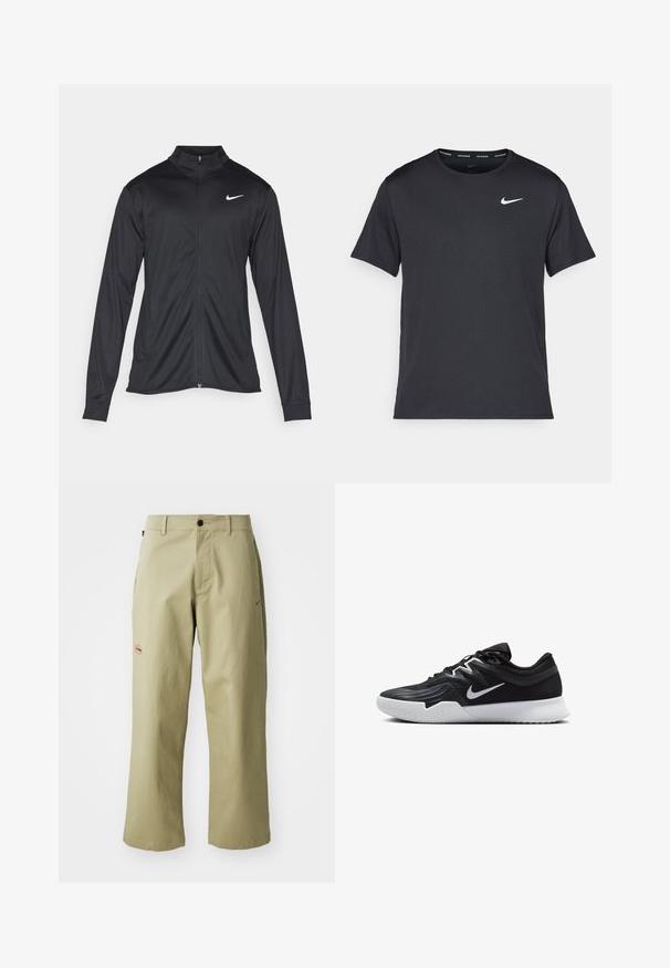 Crna sportska jakna s dugim rukavima, ovratnikom i punim patentnim zatvaračem. Ima suptilan Nike logo u bijeloj boji na gornjem lijevom dijelu prsne oznake. Glatka tekstura.; Crna Nike majica za trčanje napravljena od laganog, prozračnog materijala, s kratkim rukavima i malim bijelim logotipom na prsima.; Khaaki široke hlače od pamuka, s dugmetom, bočnim džepovima i izvezenim Nike logom u crvenoj boji sa strane.; Crna sportska cipela s teksturiranim gornjim dijelom, bijelim Nike swooshom i bijelim gumennim potplatom. Ima dizajn s vezanjem i dinamičan oblik.