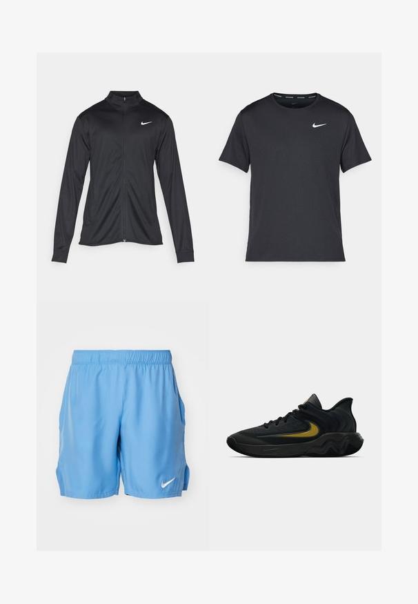 Black athletic jacket with long sleeves, collar, and full zipper. Features a subtle Nike logo in white on the upper left chest. Smooth texture.; Black Nike running T-shirt made of lightweight, breathable material, featuring short sleeves and a small white logo on the chest.; Light blue athletic shorts with an elastic waistband, side pockets, and a small white Nike logo on the lower right front. Smooth fabric texture.; Black and dark gray athletic shoe with black laces and gold swoosh logo, featuring a wavy sole design and padded heel collar.