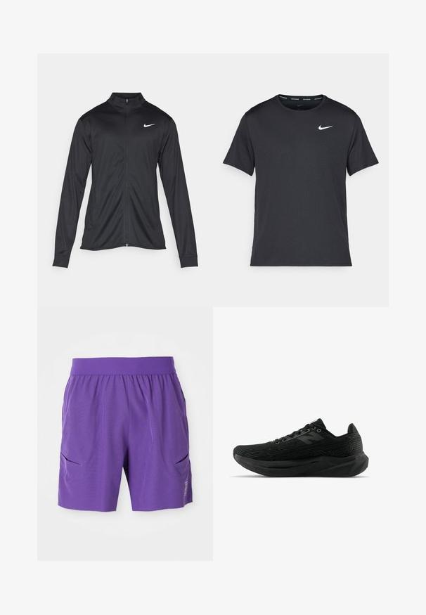 Must värvi sportlik jakk pikkade varrukatega, krae ja täispikk tõmblukk. Ülemises vasakus rinnas on diskreetne valge Nike logo. Sile tekstuur.; Mustamust Nike'i jooksupaita, mis on valmistatud kergest ja hingavast materjalist, lühikeste varrukatega ja mille rinnal on väike valge logo.; Lilla spordilühikesed püksid, millel on elastne vöökoht, kaks külgtaskut ja sile tekstuur. Lihtne disain, millel on logo alumisel eesmine osal.; Mustan sportliku jalanõu tekstureeritud pealsega, millel on stiilne disain, paeltesulgemine ja paksem mustriline tald paremaks haardevõimeks.