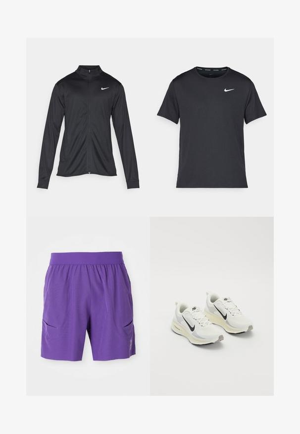 Jacket desportivo preto com mangas longas, colarinho e fecho zip completo. Apresenta um discreto logotipo da Nike em branco na parte superior do lado esquerdo do peito. Textura suave.; T-shirt de corrida Nike preto, feito de material leve e respirável, com mangas curtas e um pequeno logo branco no peito.; Calções de desporto roxos com uma cintura elástica, dois bolsos laterais e uma textura suave. Design simples com um logotipo na parte inferior da frente.; Ténis de corrida feitos de malha branca respirável com detalhes em cinza claro. Apresenta um logótipo swoosh preto e uma sola exterior em borracha cinza clara.