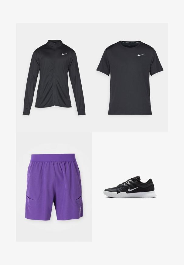 Čierna športová bunda s dlhými rukávmi, golierom a plným zipsom. Obsahuje nenápadné logo Nike v bielej farbe na hornej ľavej hrudi. Hladká textúra.; Čierne bežecké tričko Nike vyrobené z ľahkého a priedušného materiálu, s krátkymi rukávmi a malým bielym logom na hrudi.; Fialové športové šortky s elastickým pásom, dvoma bočnými vreckami a hladkým povrchom. Jednoduchý dizajn s logom na dolnej prednej časti.; Čierna športová topánka s textúrovaným zvrškom, bielym logom Nike a bielou gumovou podrážkou. Má šnurovací dizajn a dynamický tvar.