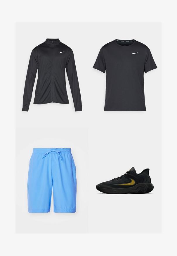Fekete sportdzseki hosszú ujjal, gallérral és teljes cipzárral. Diszkrét fehér Nike logóval az upper bal mellen. Sima textúra.; Fekete Nike futó póló, könnyű, légáteresztő anyagból készült, rövid ujjú, és a mellkasán egy kicsi fehér logó található.; Világoskék fürdőnadrág sima anyagból, rugalmas derékrésszel, húzózsinórral és oldalzsebekkel.; Fekete és sötétszürke sportcipő fekete fűzővel és arany swoosh logóval, hullámos talpformával és párnázott sarokpánttal.