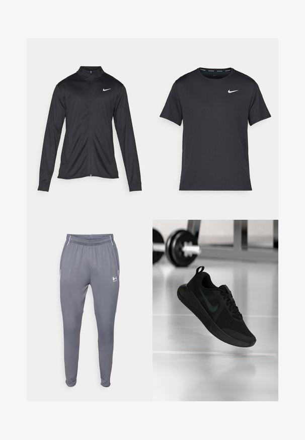 Svart idrettsjakke med lange ermer, krage og full glidelås. Har en subtil Nike-logo i hvitt på øvre venstre bryst. Glatt tekstur.; Svart Nike løpe-T-skjorte laget av lett, pustende stoff, med korte ermer og en liten hvit logo på brystet.; Grå treningsbukser med elastisk midjebånd, sidelommer og hvite detaljer. Laget av et glatt, lett materiale.; Svart sportsko med teksturert mesh-overdel, gummisåle og en markant mørk swoosh-logo. Har polstret krage og snøresystem.