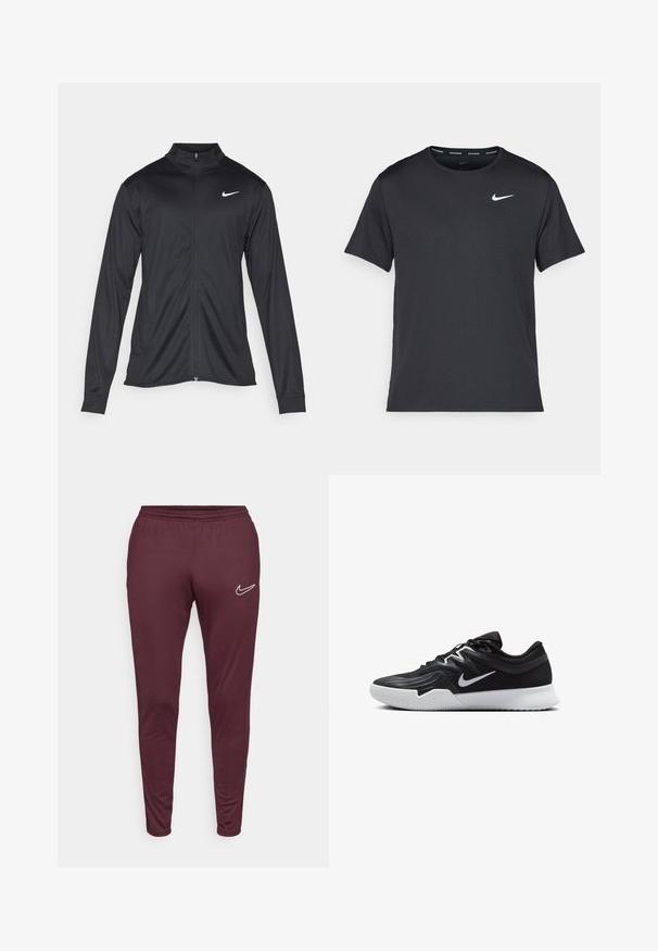 Melna sporta jaka ar garām piedurknēm, apkakli un pilnu rāvējslēdzēju. Uz kreisā krūts augšdaļas ir maigs Nike logo baltā krāsā. Gluda tekstūra.; Melna Nike skriešanas T-kreklā, kas izgatavots no viegla un elpojoša materiāla, ar īsām piedurknēm un mazu baltu logo uz krūtīm.; Nike Performance DRI-FIT ACADEMY PANT - Treniņtērpa apakšdaļas - burgundy crush/white; Melni sporta apavi ar teksturētu virsu, balto Nike zulumu un balto gumijas zoli. Iezīmējas ar auklu pievilkšanas dizainu un dinamisku formu.