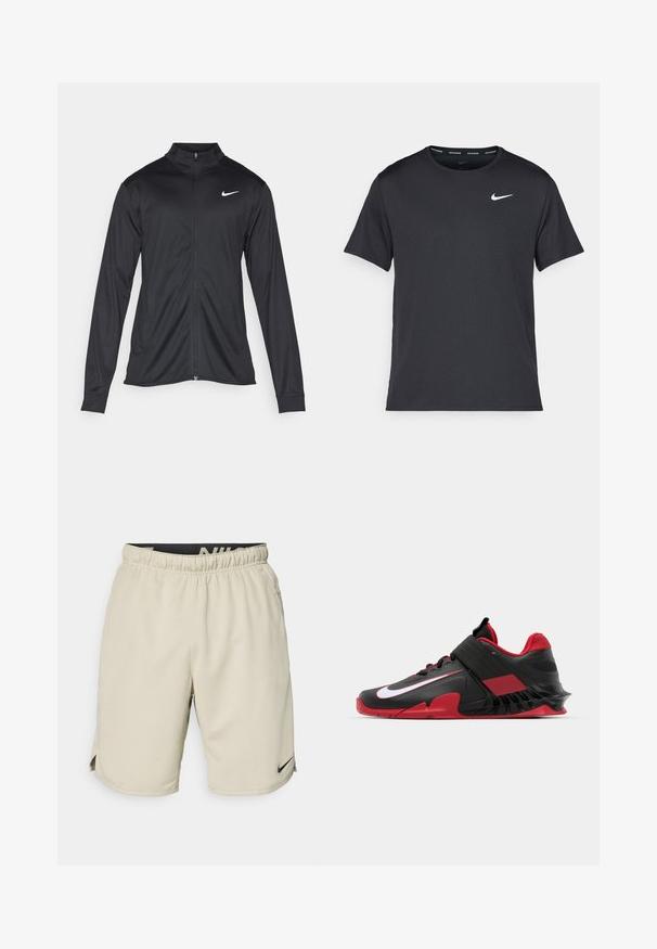 Svart idrottsjacka med långa ärmar, krage och full dragkedja. Har en diskret Nike-logga i vitt på övre vänstra bröstet. Slät yta.; Svart Nike löpeshirt i lätt, andningsbart material, med korta ärmar och en liten vit logotyp på bröstet.; Beiga sportshorts i lättviktig tyg, med elastisk midja, sidoklipp och en liten svart Nike-logga på nedre vänstra sidan.; Svarta och röda träningsskor med en slank design, texturerad mesh-överdela, robust gummisulor och framträdande vit logotypaccent.