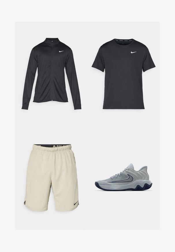 Zwarte sportjack met lange mouwen, kraag en volle rits. Voorzien van een subtiele Nike-logo in het wit op de bovenste linkerborst. Soepele textuur.; Zwarte Nike hardloop T-shirt gemaakt van lichtgewicht, ademend materiaal, met korte mouwen en een klein wit logo op de borst.; Beige sportshorts gemaakt van lichtgewicht stof, met een elastische tailleband, zijsplitten en een klein zwart Nike-logo aan de onderzijde aan de linkerkant.; Grijze sportschoen met een gestructureerde bovenkant, geometrische accenten, gewatteerde kraag en een rubberen zool met een golvend ontwerp. Nike-logo zichtbaar.