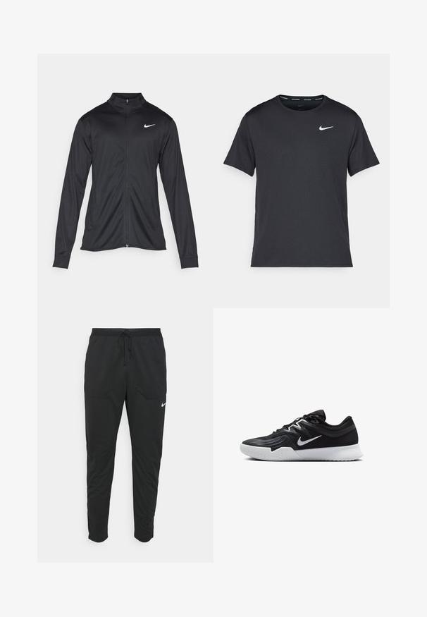 Melna sporta jaka ar garām piedurknēm, apkakli un pilnu rāvējslēdzēju. Uz kreisā krūts augšdaļas ir maigs Nike logo baltā krāsā. Gluda tekstūra.; Melna Nike skriešanas T-kreklā, kas izgatavots no viegla un elpojoša materiāla, ar īsām piedurknēm un mazu baltu logo uz krūtīm.; Melni sporta bikses ir izgatavotas no viegla auduma, ar elastīgu jostu un auklu, divām sānu kabatām un mazu logo uz kreisās kājas.; Melni sporta apavi ar teksturētu virsu, balto Nike zulumu un balto gumijas zoli. Iezīmējas ar auklu pievilkšanas dizainu un dinamisku formu.