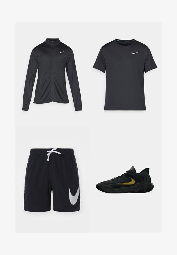 Jacket desportivo preto com mangas longas, colarinho e fecho zip completo. Apresenta um discreto logotipo da Nike em branco na parte superior do lado esquerdo do peito. Textura suave.; T-shirt de corrida Nike preto, feito de material leve e respirável, com mangas curtas e um pequeno logo branco no peito.; Calções de banho pretos feitos de tecido leve, com uma cintura elástica e um cordão branco, apresentando um grande logótipo prateado da Nike na lateral.; Tênis atlético preto e cinza escuro com cadarços pretos e logotipo swoosh dourado, apresentando um design de sola ondulada e colarinho acolchoado no calcanhar.