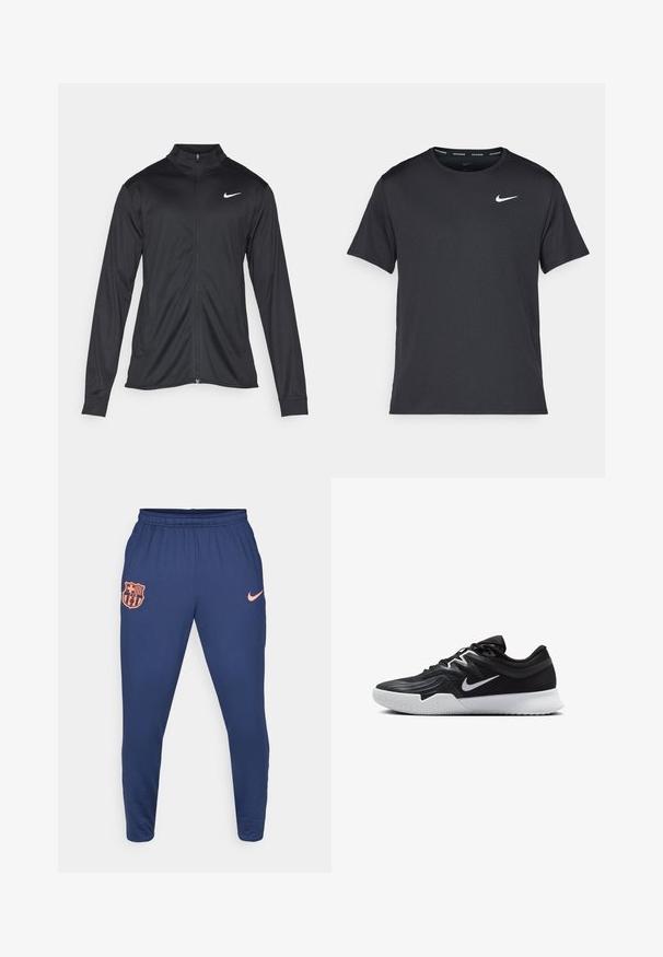 Schwarze Sportjacke mit langen Ärmeln, Kragen und voller Reißverschluss. Verfügt über ein dezentes Nike-Logo in Weiß auf der oberen linken Brust. Glatte Textur.; Schwarzes Nike Lauft-Shirt aus leichtem, atmungsaktivem Material, mit kurzen Ärmeln und einem kleinen weißen Logo auf der Brust.; Navyblaue Sporthosen aus glattem Stoff, mit einem orangefarbenen FC Barcelona-Logo und einem kleinen orangefarbenen Nike-Swoosh im Hüftbereich.; Schwarzer Sportschuh mit strukturiertem Obermaterial, weißem Nike-Warenzeichen und einer weißen Gummisohle. Verfügt über ein Schnürdesign und eine dynamische Form.