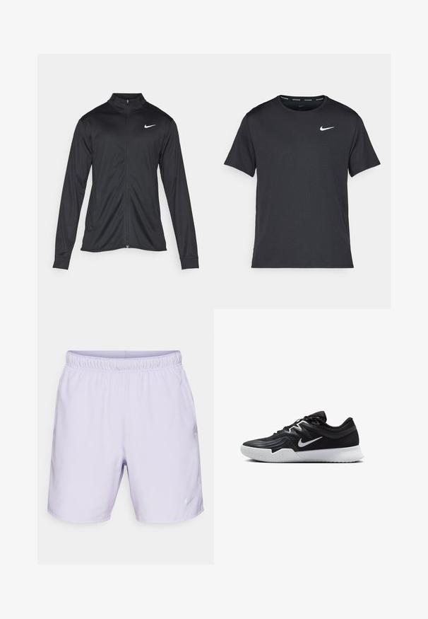 Must värvi sportlik jakk pikkade varrukatega, krae ja täispikk tõmblukk. Ülemises vasakus rinnas on diskreetne valge Nike logo. Sile tekstuur.; Mustamust Nike'i jooksupaita, mis on valmistatud kergest ja hingavast materjalist, lühikeste varrukatega ja mille rinnal on väike valge logo.; Lilla spordishortsid elastse vöökoha, küljetaskute ja peegeldava Nike logo abil alumisel paremal küljel. Sile, kerge kangas.; Must mustad jalanikesad rikaste ülaservaga, valge Nike swoosh'i ja valge kummist välispõhjaga. Omab paeltega sulgemisdetaili ja dünaamilist kuju.