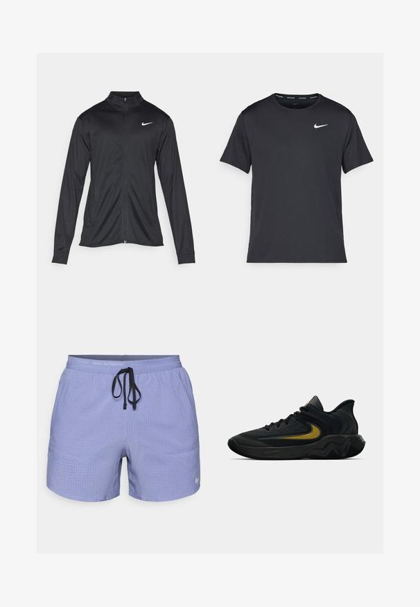 Juodas sportinis švarkas su ilgomis rankovėmis, apykakle ir pilnu užtrauktuku. Yra subtilus baltas Nike logotipas kairėje krūtinės pusėje. Lygus tekstūra.; Juodas Nike bėgimo marškinėlis, pagamintas iš lengvos, kvėpuojančios medžiagos, turintis trumpas rankoves ir mažą baltą logotipą ant krūtinės.; Violetinės Nike bėgimo šortai su perforuotu dizainu, elastinga liemene, reguliuojamu juodu raišteliu ir maža balta logotipu šone.; Juodos ir tamsiai pilkos sportinės bateliai su juodais raišteliais ir auksiniu šypsenėlių logotipu, turintys bangos formos pado dizainą ir paminkštintą kulkšnies apykaklę.