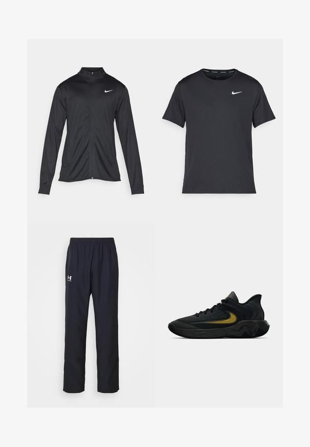 Jachetă sportivă neagră cu mâneci lungi, guler și fermoar complet. Prezintă un logo Nike subtil, alb, pe pieptul din stânga sus. Textură netedă.; Tricou de alergare Nike negru, fabricat dintr-un material ușor și respirabil, cu mâneci scurte și un mic logo alb pe piept.; Pantaloni atletici negri din material sintetic, cu un talie elastică și logo-ul Under Armour în alb pe coapsa stângă.; Pantofii sport negri și gri închis, cu șireturi negre și logo-ul aurit sub formă de swoosh, având un design al tălpii în valuri și un guler căptușit la călcâi.