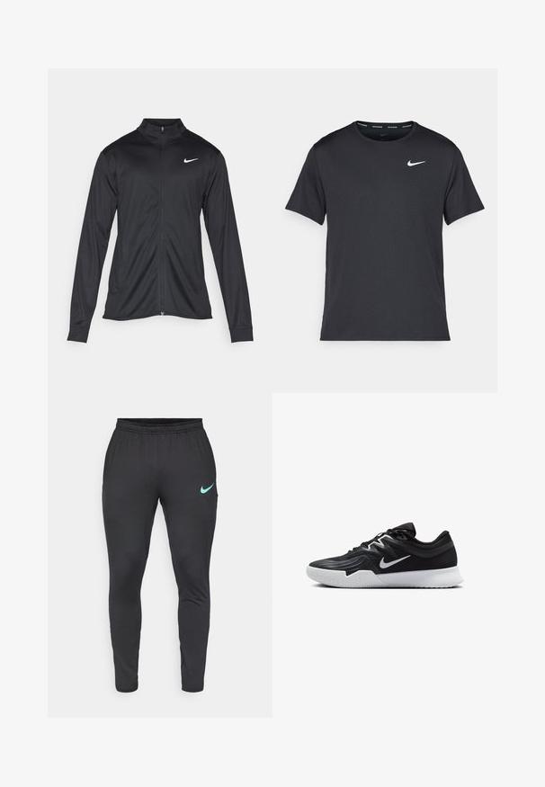 Black athletic jacket with long sleeves, collar, and full zipper. Features a subtle Nike logo in white on the upper left chest. Smooth texture.; Black Nike running T-shirt made of lightweight, breathable material, featuring short sleeves and a small white logo on the chest.; Black athletic pants made from stretch fabric, featuring a tapered design, an elastic waistband, and a teal Nike logo on the left thigh.; Black athletic shoe with a textured upper, white Nike swoosh, and a white rubber outsole. Features a lace-up design and dynamic shape.