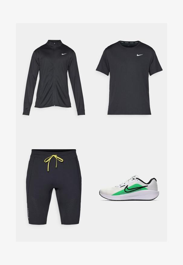 Schwarze Sportjacke mit langen Ärmeln, Kragen und voller Reißverschluss. Verfügt über ein dezentes Nike-Logo in Weiß auf der oberen linken Brust. Glatte Textur.; Schwarzes Nike Lauft-Shirt aus leichtem, atmungsaktivem Material, mit kurzen Ärmeln und einem kleinen weißen Logo auf der Brust.; Schwarze Sportshorts mit körpernahem Design. Mit gelbem Kordelzug, perforierten Akzenten an den Seiten und HOKA-Logo in der Nähe des Saums.; Weißer Sportschuh mit grünem Akzent, schwarzem Logo, oberer Schicht aus Netzmaterial, gepolsterter Sohle und abgerundetem Absatz. Verfügt über Schnürsenkel und kontrastierende Details.