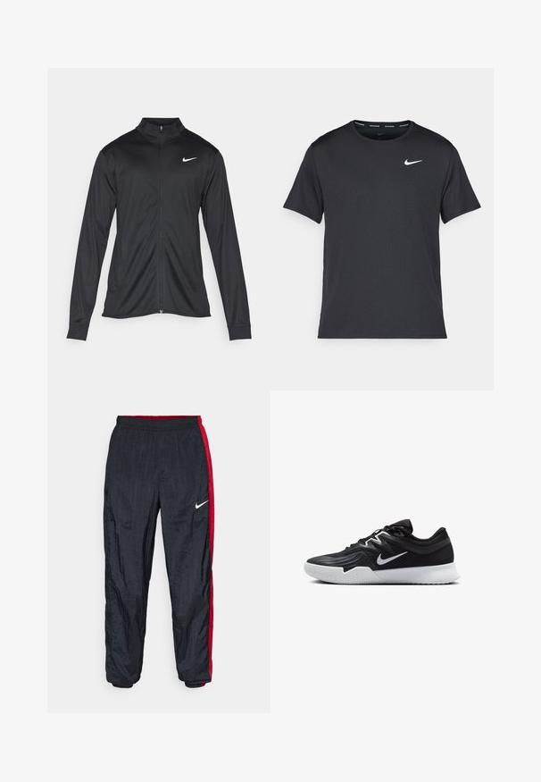 Jacket desportivo preto com mangas longas, colarinho e fecho zip completo. Apresenta um discreto logotipo da Nike em branco na parte superior do lado esquerdo do peito. Textura suave.; T-shirt de corrida Nike preto, feito de material leve e respirável, com mangas curtas e um pequeno logo branco no peito.; Calças de treino Nike em preto com painéis laterais vermelhos, cintura elástica e punhos ajustados. Feitas de material liso e leve.; Sapatilha atlética preta com um cabedal texturizado, swoosh branco da Nike e uma sola de borracha branca. Apresenta um design com atacadores e uma forma dinâmica.