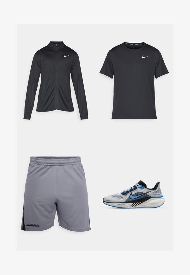 Schwarze Sportjacke mit langen Ärmeln, Kragen und voller Reißverschluss. Verfügt über ein dezentes Nike-Logo in Weiß auf der oberen linken Brust. Glatte Textur.; Schwarzes Nike Lauft-Shirt aus leichtem, atmungsaktivem Material, mit kurzen Ärmeln und einem kleinen weißen Logo auf der Brust.; Grau sportliche Shorts mit einem seitlichen schwarzen Streifen, aus leichtem Material gefertigt, mit einem dehnbaren Bund und dem Logo "HUMMEL" auf der unteren linken Seite.; Nike-Laufschuh mit einem atmungsaktiven grauen Mesh-Obermaterial, blauen Akzenten, gepolstertem Kragen, schwarzer Zwischensohle und strukturiertem weißen Außensohle.