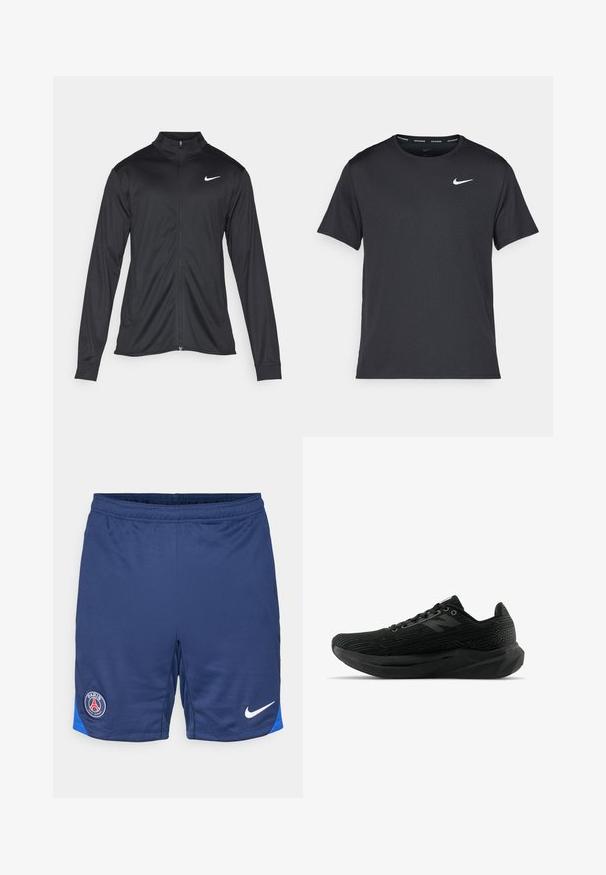Svart idrettsjakke med lange ermer, krage og full glidelås. Har en subtil Nike-logo i hvitt på øvre venstre bryst. Glatt tekstur.; Svart Nike løpe-T-skjorte laget av lett, pustende stoff, med korte ermer og en liten hvit logo på brystet.; Mørkeblå fotballshorts laget av pustende stoff, med en blå detalj på kanten og en sirkulær Paris-logo på venstre lår, samt en hvit Nike swoosh.; Svart atletisk sko med teksturert overdel, som har et strømlinjeformet design, snøring og en tykkere såle med mønster for bedre grep.