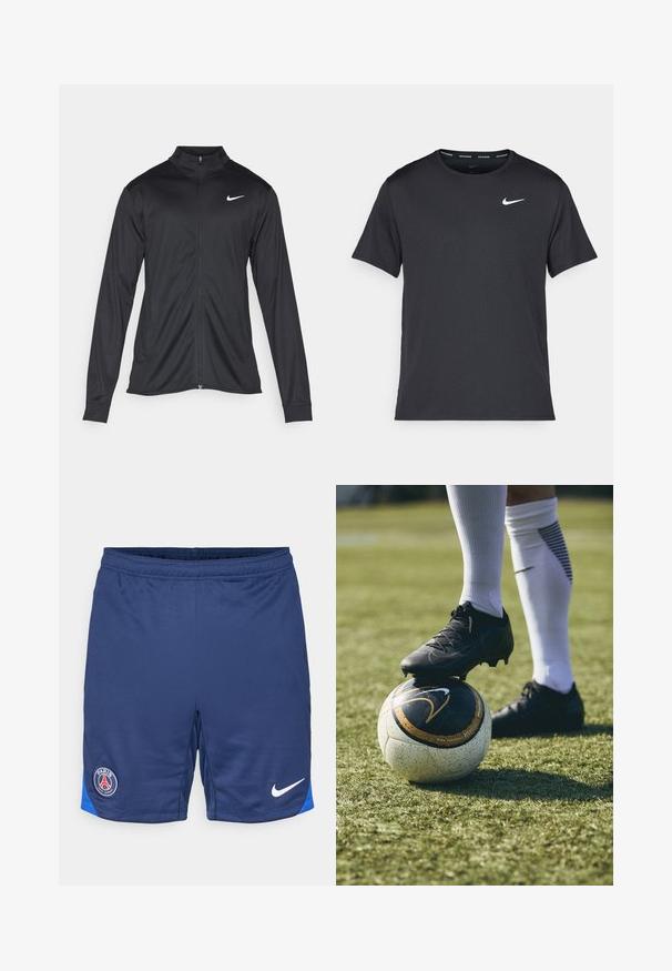 Must värvi sportlik jakk pikkade varrukatega, krae ja täispikk tõmblukk. Ülemises vasakus rinnas on diskreetne valge Nike logo. Sile tekstuur.; Mustamust Nike'i jooksupaita, mis on valmistatud kergest ja hingavast materjalist, lühikeste varrukatega ja mille rinnal on väike valge logo.; Tumesinised jalgpallishortsid hingavast kangast, sinise aksendiga allääres ja ringikujuline Pariisi logo vasakul reitel, koos valge Nike kaaruga.; Mustad jalgpallikinnas musta ja valge mustriga jalgpallil, mis puhkab rohelisel murul. Jalgpallikinnasel on tekstuuriga materjal ja paelad.