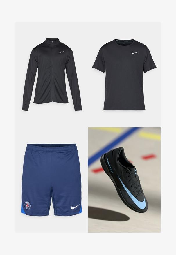 Jacket desportivo preto com mangas longas, colarinho e fecho zip completo. Apresenta um discreto logotipo da Nike em branco na parte superior do lado esquerdo do peito. Textura suave.; T-shirt de corrida Nike preto, feito de material leve e respirável, com mangas curtas e um pequeno logo branco no peito.; Calções de futebol azul marinho feitos de tecido respirável, com um detalhe azul na bainha e um logótipo circular de Paris na coxa esquerda, acompanhado de um swoosh branco da Nike.; Shoe atlético preto com detalhes azuis, superfície texturizada, design de atacadores e logótipos distintivos da Nike. Sola em borracha com padrões de aderência.