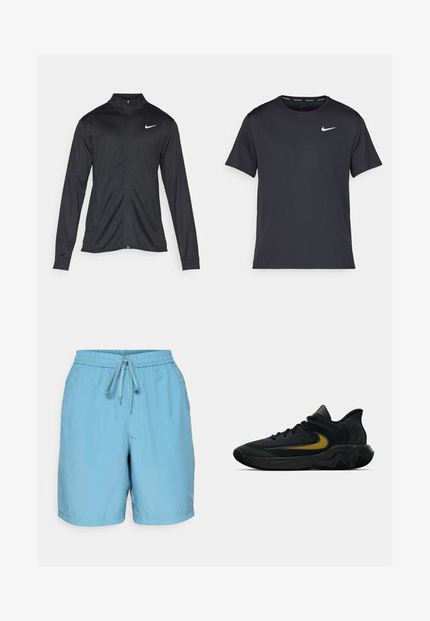 Musta urheilutakki pitkillä hihoilla, kauluksella ja kokonaisella vetoketjulla. Täydentää hienovarainen Nike-logo valkoisena vasemmassa ylärinnassa. Litteä pinta.; Musta Nike juoksupaita, joka on valmistettu kevyestä ja hengittävästä materiaalista. Paidassa on lyhyet hihnat ja pieni valkoinen logo rinnassa.; Vaaleansiniset uimaliivit, jotka on valmistettu sileästä kankaasta. Niissä on joustava vyötärö, jossa on naru, sekä sivutaskut käytännöllisyyden vuoksi.; Musta ja tummanharmaa urheilukenkä mustilla nauhoilla ja kultaisella swoosh-logolla, jossa on aaltoileva pohjakuvio ja pehmustettu kantapään kaulus.