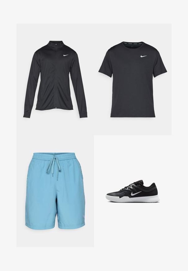 Svart idrettsjakke med lange ermer, krage og full glidelås. Har en subtil Nike-logo i hvitt på øvre venstre bryst. Glatt tekstur.; Svart Nike løpe-T-skjorte laget av lett, pustende stoff, med korte ermer og en liten hvit logo på brystet.; Lys blå svømmebukser laget av glatt materiale, med elastisk linning og snøring, samt sidelommer for enkelthet.; Svart treningssko med teksturert overdel, hvit Nike-swoosh og hvit gummisåle. Har snøring og en dynamisk form.