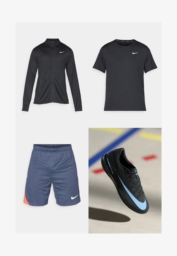 Crna sportska jakna s dugim rukavima, ovratnikom i punim patentnim zatvaračem. Ima suptilan Nike logo u bijeloj boji na gornjem lijevom dijelu prsne oznake. Glatka tekstura.; Crna Nike majica za trčanje napravljena od laganog, prozračnog materijala, s kratkim rukavima i malim bijelim logotipom na prsima.; Tamno plave sportske kratke hlače s narančastim akcentom na lijevoj strani. Izrađene su od lagane tkanine s elastičnom sredinom i bijelim logotipom.; Crne sportske cipele s plavim akcentima, teksturirana površina, s vezanjem i karakterističnim Nike logom. Gumeni potplat s uzorcima za prianjanje.