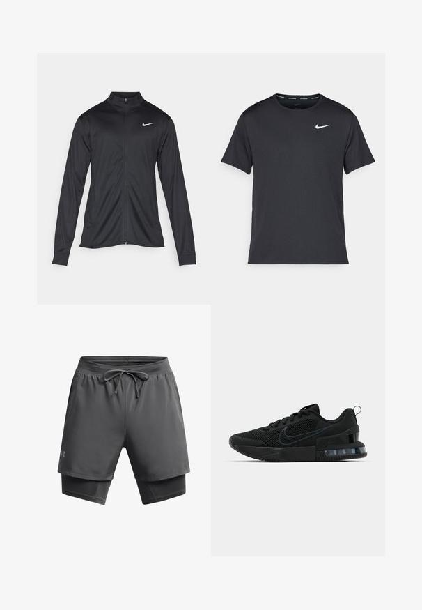 Black athletic jacket with long sleeves, collar, and full zipper. Features a subtle Nike logo in white on the upper left chest. Smooth texture.; Black Nike running T-shirt made of lightweight, breathable material, featuring short sleeves and a small white logo on the chest.; Men's athletic shorts in dark gray, featuring a drawstring waist, moisture-wicking material, exterior layer with inner fitted liner.; Black Nike athletic shoe featuring a mesh upper, rubber sole, padded collar, and a distinct transparent heel accent.