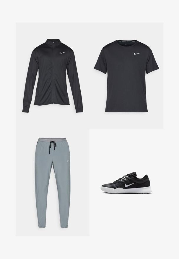 Jacket desportivo preto com mangas longas, colarinho e fecho zip completo. Apresenta um discreto logotipo da Nike em branco na parte superior do lado esquerdo do peito. Textura suave.; T-shirt de corrida Nike preto, feito de material leve e respirável, com mangas curtas e um pequeno logo branco no peito.; Calças de treino cinzas com um corte justo, cintura elástica, cordão e logo subtil da Nike. Feitas de um tecido leve e suave.; Sapatilha atlética preta com um cabedal texturizado, swoosh branco da Nike e uma sola de borracha branca. Apresenta um design com atacadores e uma forma dinâmica.