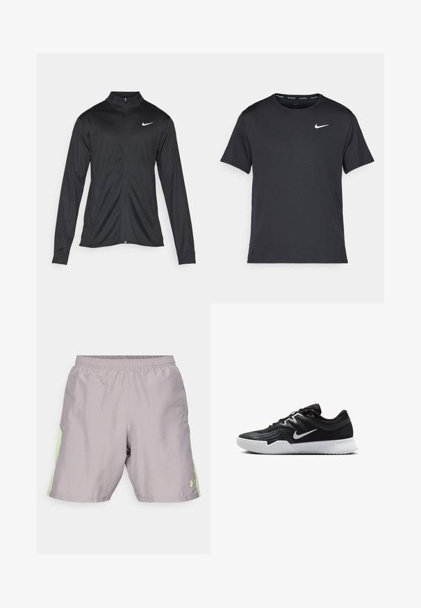 Melna sporta jaka ar garām piedurknēm, apkakli un pilnu rāvējslēdzēju. Uz kreisā krūts augšdaļas ir maigs Nike logo baltā krāsā. Gluda tekstūra.; Melna Nike skriešanas T-kreklā, kas izgatavots no viegla un elpojoša materiāla, ar īsām piedurknēm un mazu baltu logo uz krūtīm.; Gaiši pelēki sporta šorti ar elastīgu jostasvietu, kuriem ir spilgti zaļi sānu akcenti un neliels logs apakšējā labajā kājā.; Melni sporta apavi ar teksturētu virsu, balto Nike zulumu un balto gumijas zoli. Iezīmējas ar auklu pievilkšanas dizainu un dinamisku formu.