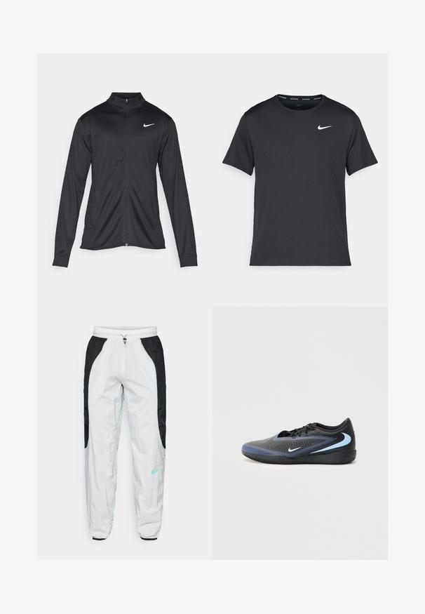 Schwarze Sportjacke mit langen Ärmeln, Kragen und voller Reißverschluss. Verfügt über ein dezentes Nike-Logo in Weiß auf der oberen linken Brust. Glatte Textur.; Schwarzes Nike Lauft-Shirt aus leichtem, atmungsaktivem Material, mit kurzen Ärmeln und einem kleinen weißen Logo auf der Brust.; Schwarz-weiße Sporthose mit elastischem Bund und Kordelzug, mit hellblauen Akzenten und Seitentaschen. Aus leichtem Material gefertigt.; Schwarzer und blauer, niedrig geschnittener Sportschuh mit strukturiertem Obermaterial, schwarzen Schnürsenkeln und hellblauen Nike-Swoosh-Logos an der Seite und Sohle.