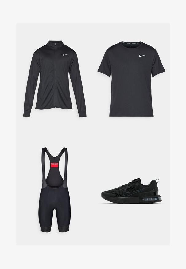 Črna atletska jakna z dolgimi rokavi, ovratnikom in polnim zadrgo. Vključuje diskreten bel Nike logotip na zgornjem levem delu prsnega koša. Gladka tekstura.; Črna tekaška majica Nike, izdelana iz lahkega in zračnega materiala, z kratkimi rokavi in majhnim belim logotipom na prsih.; Črne kolesarske hlače z naramnicami iz mrežastega materiala, oblazinjeno sedežno področje, tesen kroj in elastični manšeti. Rdeča oznaka na zadnji strani z imenom blagovne znamke.; Črne atletske tenisice Nike z mrežno zgornjico, gumijastim podplatom, oblazinjenim ovratnikom in značilnim prozornim poudarkom na peti.