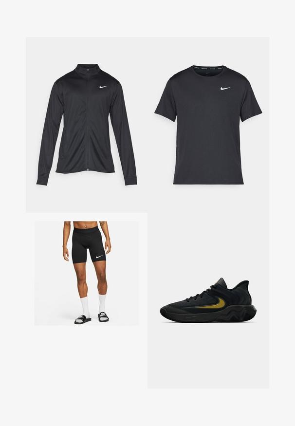 Giacca sportiva nera con maniche lunghe, colletto e zip completa. Presenta un logo Nike in bianco sulla parte superiore del lato sinistro del petto. Tessuto morbido.; Maglietta da corsa Nike nera realizzata in materiale leggero e traspirante, con maniche corte e un piccolo logo bianco sul petto.; Pantaloni sportivi neri con una vestibilità aderente, caratterizzati da un logo Nike bianco a forma di swoosh sulla coscia sinistra e una cintura elastica liscia.; Scarpa da ginnastica nera e grigia scura con lacci neri e logo swoosh dorato, caratterizzata da un design della suola ondulato e un colletto del tallone imbottito.