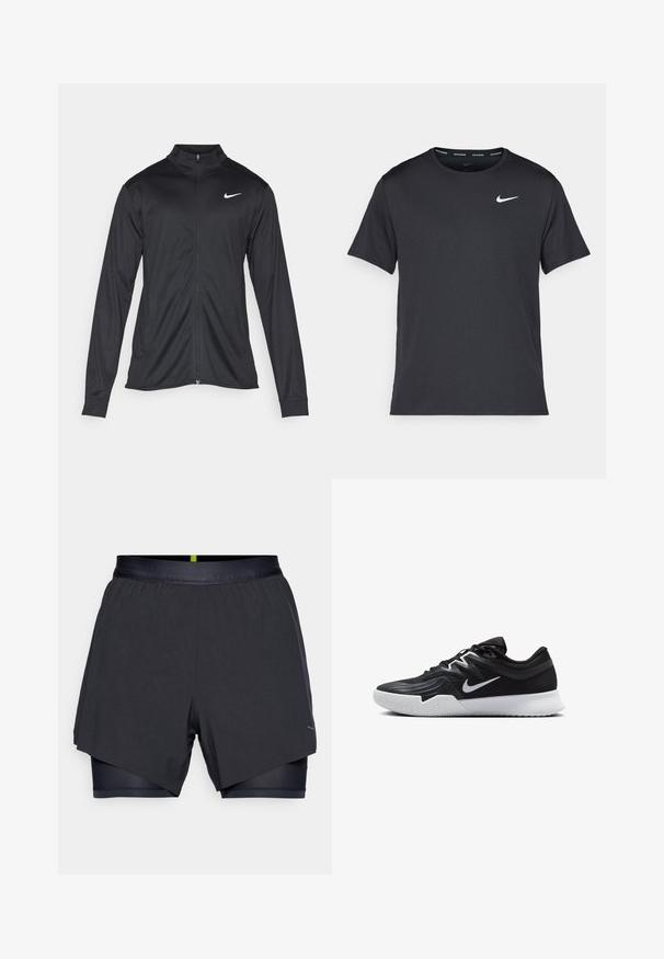 Jachetă sportivă neagră cu mâneci lungi, guler și fermoar complet. Prezintă un logo Nike subtil, alb, pe pieptul din stânga sus. Textură netedă.; Tricou de alergare Nike negru, fabricat dintr-un material ușor și respirabil, cu mâneci scurte și un mic logo alb pe piept.; Șorturi atletice negre cu un design stratificat, având un exterior ușor și un strat interior ajustat. Curea elastică pentru confort.; Pantof sport negru cu un superior texturat, swoosh alb Nike și o tălpică din cauciuc alb. Dispune de un design cu șireturi și o formă dinamică.