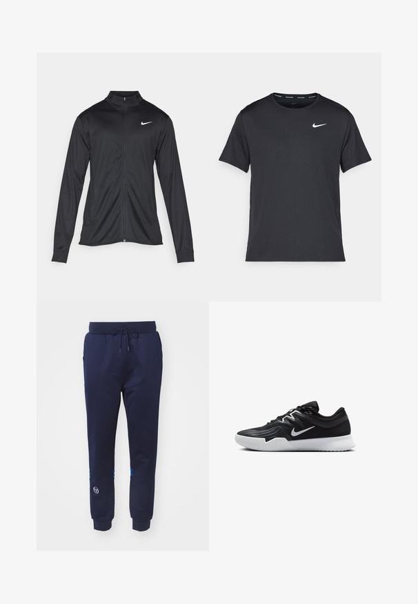 Jacket desportivo preto com mangas longas, colarinho e fecho zip completo. Apresenta um discreto logotipo da Nike em branco na parte superior do lado esquerdo do peito. Textura suave.; T-shirt de corrida Nike preto, feito de material leve e respirável, com mangas curtas e um pequeno logo branco no peito.; Calças de jogging azul marinho feitas de um tecido suave, com um cós com cordão e riscas azuis nas bainhas, apresentando um detalhe de logotipo perto da bainha.; Sapatilha atlética preta com um cabedal texturizado, swoosh branco da Nike e uma sola de borracha branca. Apresenta um design com atacadores e uma forma dinâmica.