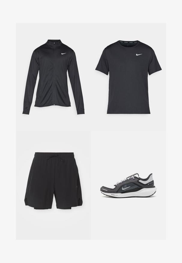 Musta urheilutakki pitkillä hihoilla, kauluksella ja kokonaisella vetoketjulla. Täydentää hienovarainen Nike-logo valkoisena vasemmassa ylärinnassa. Litteä pinta.; Musta Nike juoksupaita, joka on valmistettu kevyestä ja hengittävästä materiaalista. Paidassa on lyhyet hihnat ja pieni valkoinen logo rinnassa.; Mustat urheilushortsit, joissa on joustava vyötärörose ja nyöritys, verkkovuori ja sivuaukot joustavuutta varten.; Musta ja harmaa urheilukenka, jossa on verkkopäällinen, heijastavat yksityiskohdat ja valkoinen välipohja. Varustettu kuvioidulla kumipohjalla ja nauhoilla.