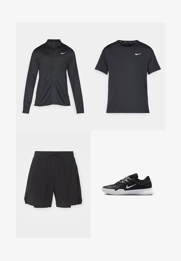 Jacket desportivo preto com mangas longas, colarinho e fecho zip completo. Apresenta um discreto logotipo da Nike em branco na parte superior do lado esquerdo do peito. Textura suave.; T-shirt de corrida Nike preto, feito de material leve e respirável, com mangas curtas e um pequeno logo branco no peito.; Calções desportivos pretos, com uma cintura elástica e cordão, forro em malha e fendas laterais para maior flexibilidade.; Sapatilha atlética preta com um cabedal texturizado, swoosh branco da Nike e uma sola de borracha branca. Apresenta um design com atacadores e uma forma dinâmica.