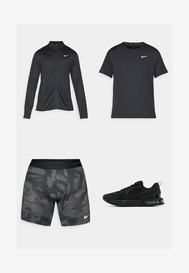 Schwarze Sportjacke mit langen Ärmeln, Kragen und voller Reißverschluss. Verfügt über ein dezentes Nike-Logo in Weiß auf der oberen linken Brust. Glatte Textur.; Schwarzes Nike Lauft-Shirt aus leichtem, atmungsaktivem Material, mit kurzen Ärmeln und einem kleinen weißen Logo auf der Brust.; Schwarze Sportshorts mit strukturiertem Muster, elastischem Bund mit "NIKE PRO" und kleinem weißen Nike-Logo auf der unteren Vorderseite.; Schwarzer Nike Sportschuh mit einem Mesh-Obermaterial, gummierter Sohle, gepolstertem Kragen und einem auffälligen transparenten Fersenakzent.