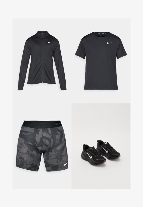 Zwarte sportjack met lange mouwen, kraag en volle rits. Voorzien van een subtiele Nike-logo in het wit op de bovenste linkerborst. Soepele textuur.; Zwarte Nike hardloop T-shirt gemaakt van lichtgewicht, ademend materiaal, met korte mouwen en een klein wit logo op de borst.; Zwarte sportshorts met een gestructureerd patroon, elastische tailleband met "NIKE PRO" en een klein wit Nike-logo aan de onderzijde van de voorkant.; Zwarte sportieve schoenen met een ademend bovenwerk van mesh, witte Nike swoosh, gestructureerde zool en contrasterende bruine accenten. Inclusief versterkte hiel.
