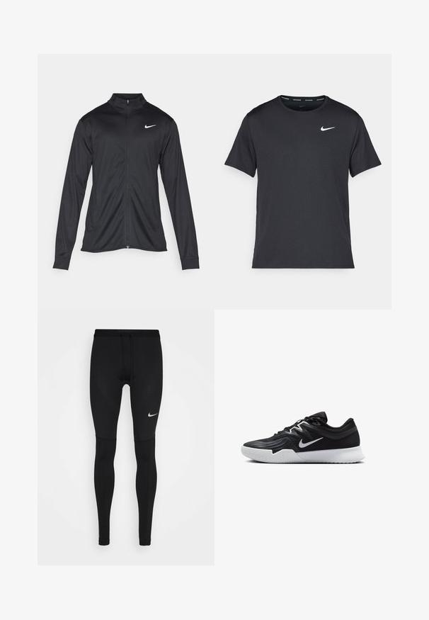Svart idrettsjakke med lange ermer, krage og full glidelås. Har en subtil Nike-logo i hvitt på øvre venstre bryst. Glatt tekstur.; Svart Nike løpe-T-skjorte laget av lett, pustende stoff, med korte ermer og en liten hvit logo på brystet.; Sorte løpetights laget av elastisk stoff, med en tettsittende design, flate sømmer og en liten hvit Nike-logo på låret.; Svart treningssko med teksturert overdel, hvit Nike-swoosh og hvit gummisåle. Har snøring og en dynamisk form.