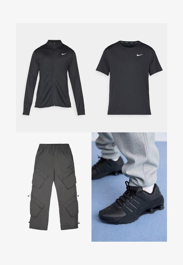Czarna sportowa kurtka z długimi rękawami, kołnierzem i pełnym zamkiem. Posiada subtelne logo Nike w białym kolorze na lewej górnej części klatki piersiowej. Gładka tekstura.; Czarna koszulka do biegania Nike z lekkiego, oddychającego materiału, z krótkimi rękawami i małym białym logo na piersi.; Spodnie cargo w ciemno szarym kolorze, z elastycznym pasem, wieloma kieszeniami cargo, sznurkiem do ściągania na końcach nogawek i gładką fakturą.; Osoba w czarnych sneakersach Nike Shox i szarych dresowych spodniach stoi na jasnoniebieskim dywanie.