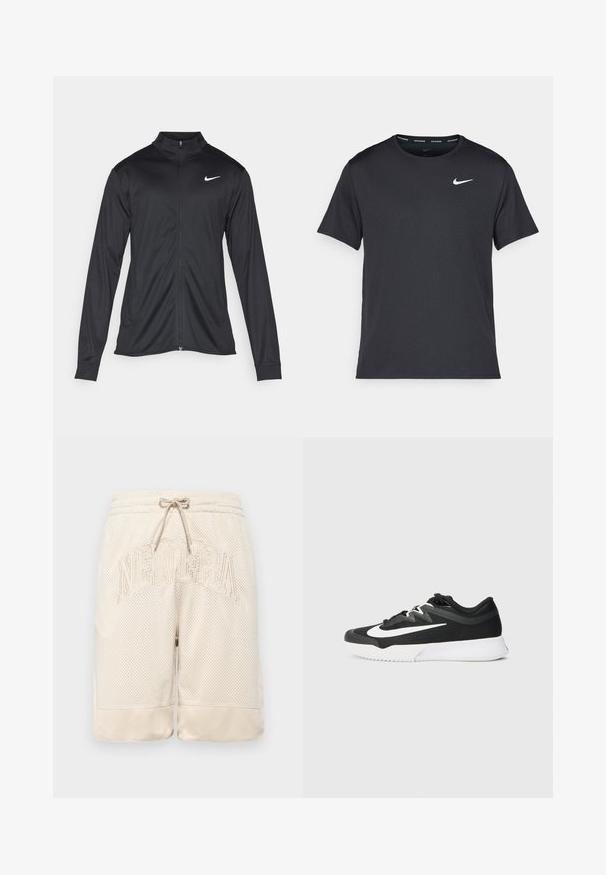 Jacket desportivo preto com mangas longas, colarinho e fecho zip completo. Apresenta um discreto logotipo da Nike em branco na parte superior do lado esquerdo do peito. Textura suave.; T-shirt de corrida Nike preto, feito de material leve e respirável, com mangas curtas e um pequeno logo branco no peito.; Bermudas em malha beje com uma superfície texturizada, apresentando uma cintura com cordão e o logótipo "NEWERA" bordado em destaque na frente.; Sapatilha atlética preta com um parte superior texturada, logotipo Swoosh branco, design com atacadores e sola de borracha com um padrão de rasto.