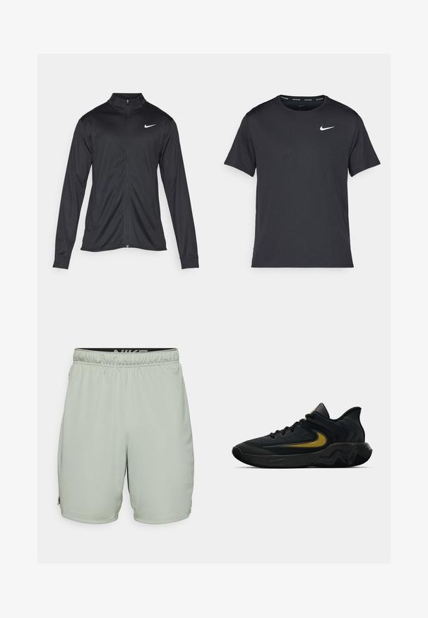 Jacket desportivo preto com mangas longas, colarinho e fecho zip completo. Apresenta um discreto logotipo da Nike em branco na parte superior do lado esquerdo do peito. Textura suave.; T-shirt de corrida Nike preto, feito de material leve e respirável, com mangas curtas e um pequeno logo branco no peito.; Nike Performance TOTALITY - Calções desportivos - jade horizon/black; Tênis atlético preto e cinza escuro com cadarços pretos e logotipo swoosh dourado, apresentando um design de sola ondulada e colarinho acolchoado no calcanhar.